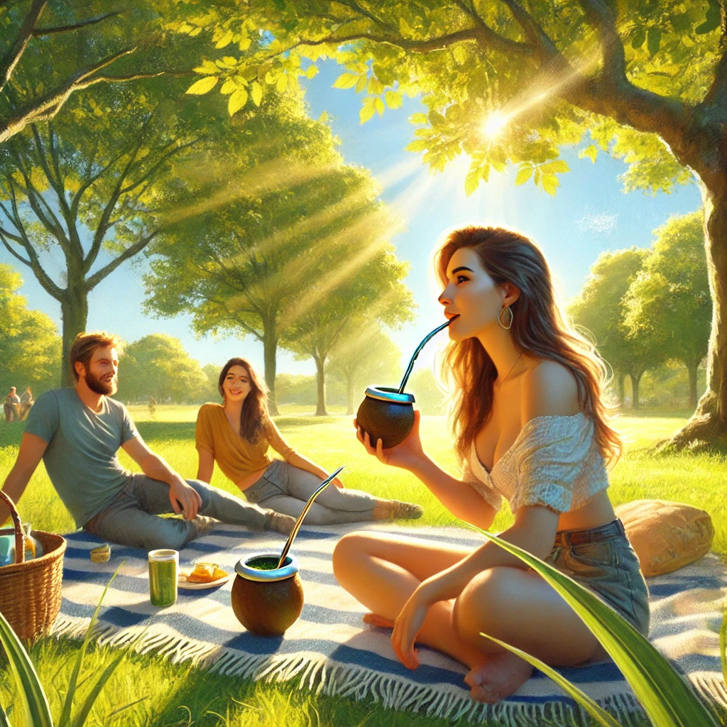 DALL·E 2024-12-04 19.41.37 - A digital painting of a young woman in her thirties, sitting with friends in a sunny park during the afternoon. The woman is holding a mate gourd with