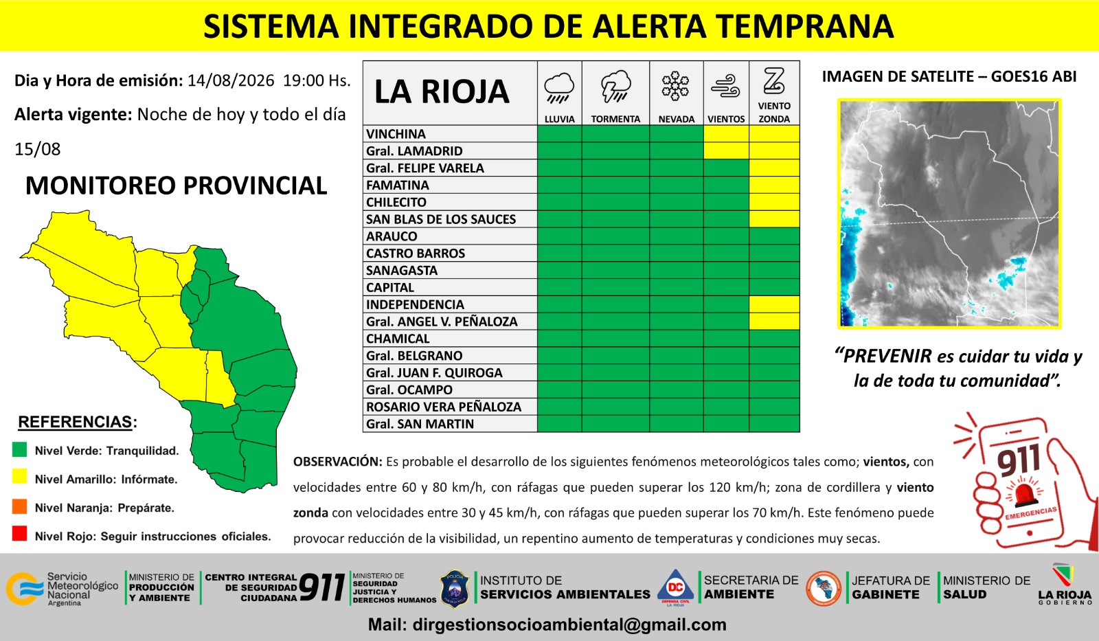 Emiten alerta preventiva por vientos y viento zonda